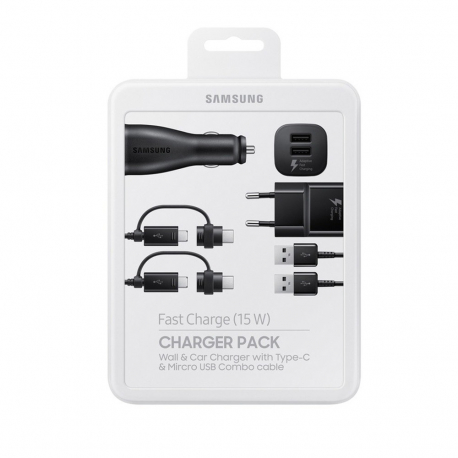Samsung EP-U3100WBEGWW - Pack De Charge Complet, Adaptateur Secteur/Voiture, Câble Micro USB/USB-C - Noir (Emballage Originale)