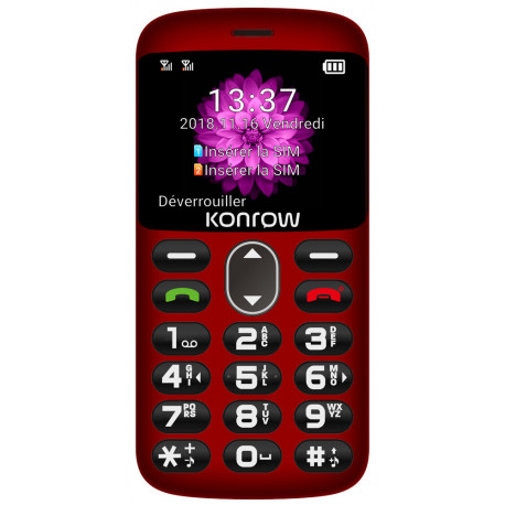 Konrow Senior - Écran 2'' - Double Sim - Rouge (Dock de charge Fourni)