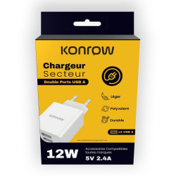 Konrow KC12AAW - Adaptateur Secteur 2 Ports USB A - Charge rapide 12W Blanc (Compatible, Blister)