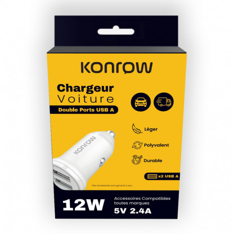 Konrow KCC12AAW - Adaptateur Allume-cigare 2 Ports USB   - Charge rapide 12W, Blanc (Compatible, Blister)