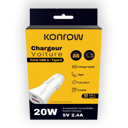 Konrow KCC20ACW - Adaptateur Allume-cigare 1 Port USB A & 1 Port USB Type C   - Charge rapide 20W, Blanc (Compatible, Blister)