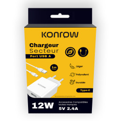 Konrow KK12AATC - Chargeur Secteur Complet (Adaptateur USB 12W & Câble USB Type C détachable, 1m) Blanc (Compatible, Blister)