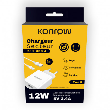 Konrow KK12AATC - Chargeur Secteur Complet (Adaptateur USB 12W & Câble USB Type C détachable, 1m) Blanc (Compatible, Blister)