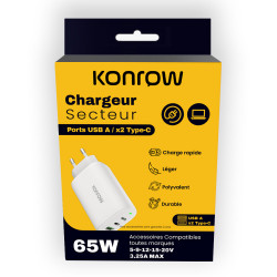 Konrow KC65ACCW - Adaptateur Secteur 3 Ports ( 1 Port Type A & 2 Ports Type C ) Charge rapide 65W, Blanc (Compatible, Blister)