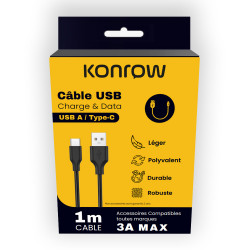 Konrow KCATCNB1 - Câble USB Type C  vers Type A (1 M - 3A) - Noir (Compatible, Blister)