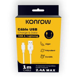 Konrow KCATLPW1 - Câble USB Lightning vers Type A (1 M - 2.4A) - Blanc (Compatible, Blister)