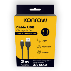 Konrow KCATMPB2 - Câble Micro USB vers Type A (2 M - 2A) - Noir (Compatible, Blister)