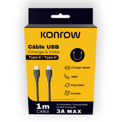 Konrow KCCTCPB1 - Câble USB Type C  vers Type C (1 M - 3A) - Noir (Compatible, Blister)