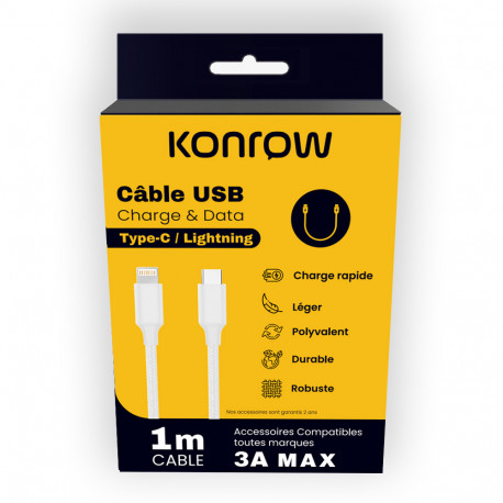 Konrow KCCTLNPDW1 - Câble USB Lightning vers Type C (1 M - 3A - Nylon Tressé)) - Blanc (Compatible, Blister)