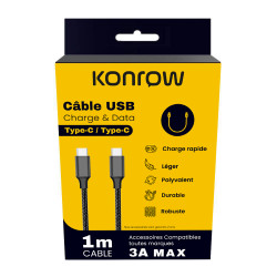 Konrow KCATCNPDB1 - Câble USB Type C vers Type C (1 M - 3A - Nylon Tressé) - Noir (Compatible, Blister)