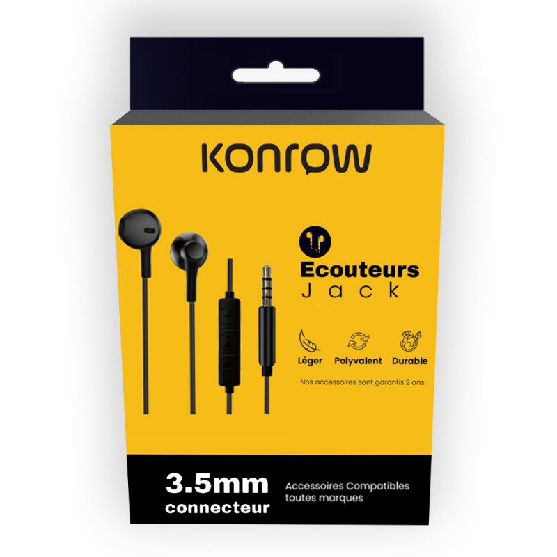 Konrow KE-JACK - Ecouteurs Jack (3,5mm, Noir) - Emballage Original