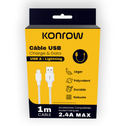 Konrow KCATLNW1 - Câble USB Lightning vers Type A (1 M - 2.4A) - Blanc (Compatible, Blister)