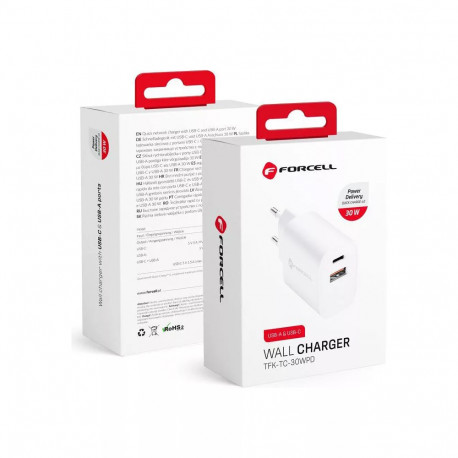 Forcell - Adaptateur Secteur 2 Ports (Port Type A et Type C, 30W, Blanc) Emballage Original